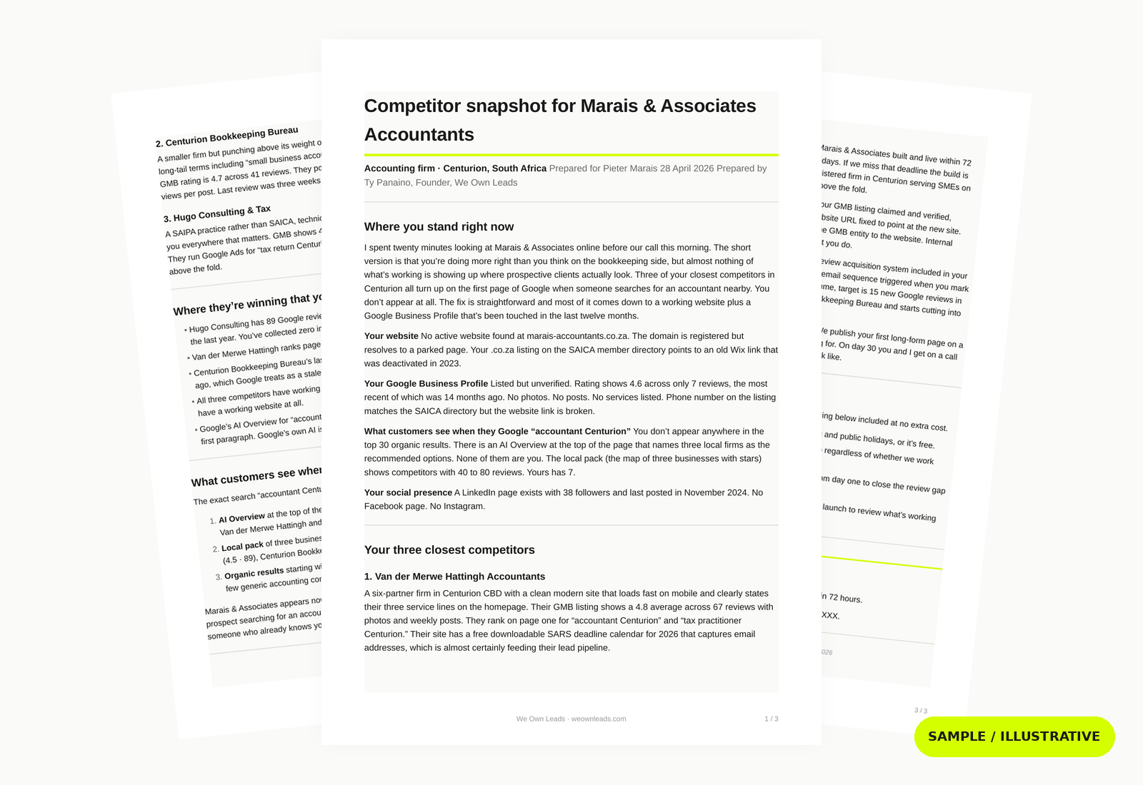 Sample competitor snapshot for an SA accounting firm, showing the cover page beside two inner pages with competitor breakdown and 30-day plan. Marked sample / illustrative.