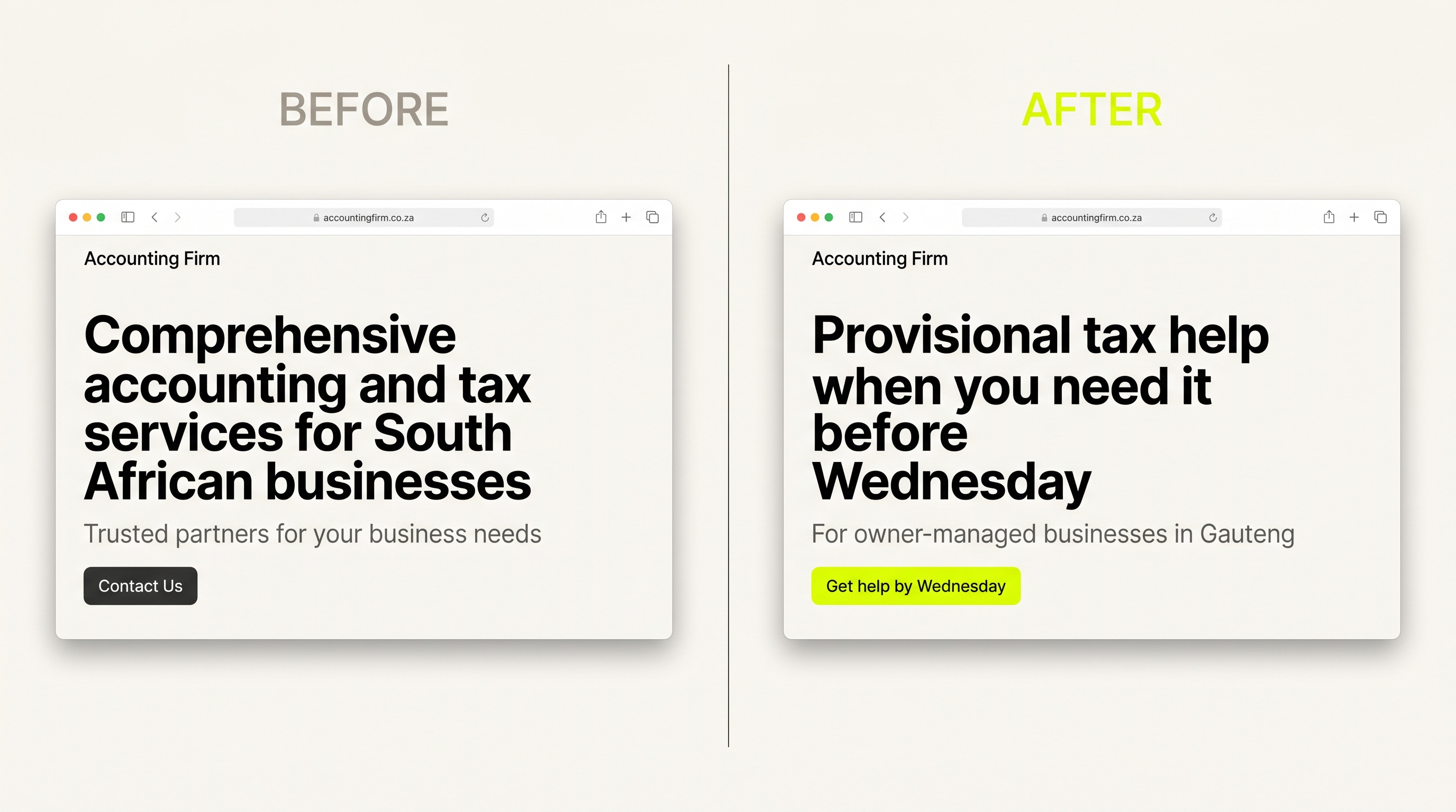 Side-by-side comparison of an SA accounting firm homepage hero. Before: the typical generic opener about comprehensive accounting and tax services. After: a problem-first opener about provisional tax help before Wednesday for owner-managed businesses in Gauteng, with a neon lime call-to-action button.